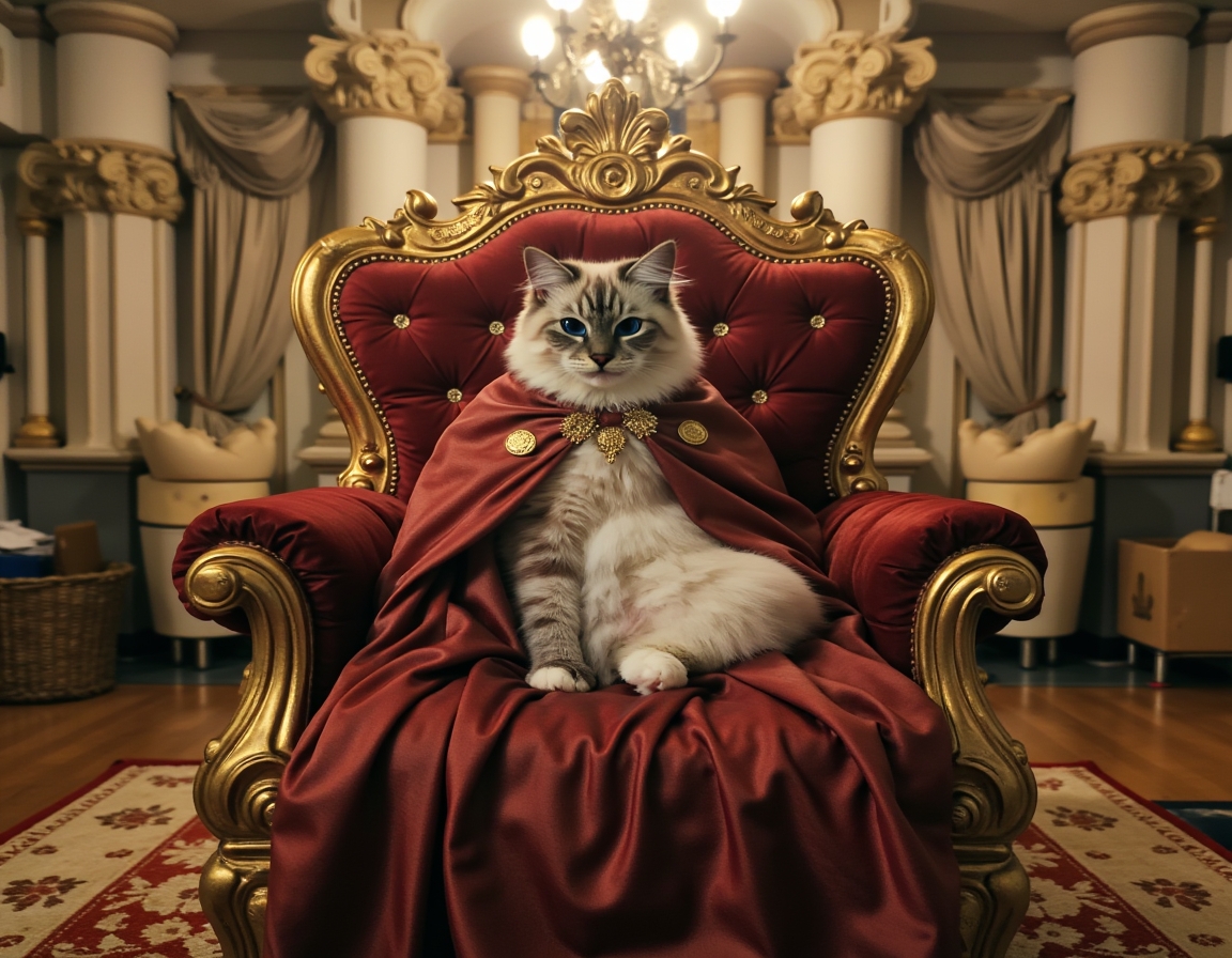 Cat poses regally on a golden throne inside a castle, wearing a crown and cape. Ornate royal decorations surround the scene.